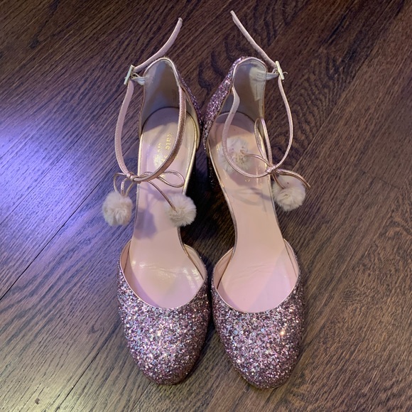Kate Spade Abigail Rose Gold Glitter/ Nappa pumps w/faux-fur pom-pom sz 10 $328 - Picture 4 of 8